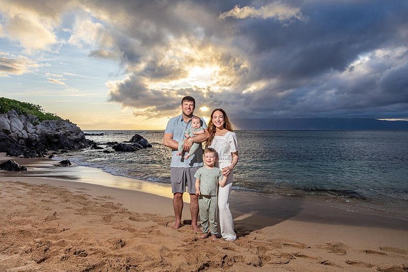 Variety of sunset portraits featuring a family with two young boys. Location: Napili Bay, Maui, Hawaii. 